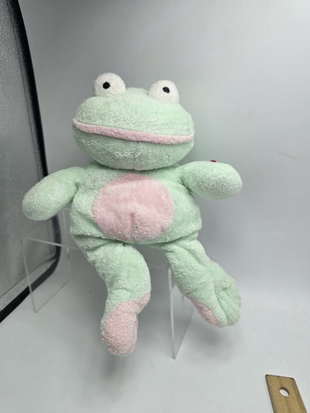 2002 Ty Pluffies Grins Pastel Green Frog Stuffed Animal Beanbag Plush 9”